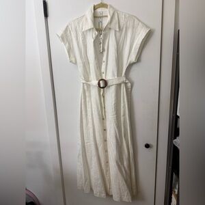 Cream Button-Front Maxi Shirt Dress with Belt